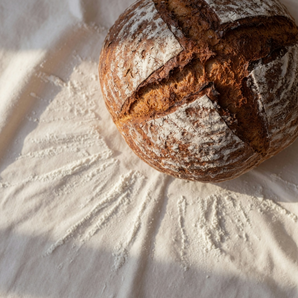 Dawn sourdough boule on cream linen
