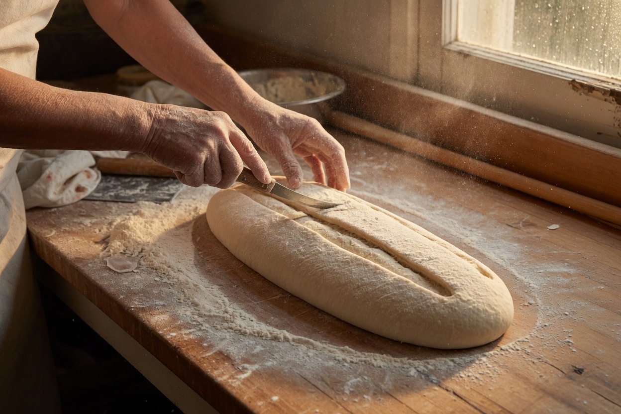 Hands scoring dough on a wooden bench